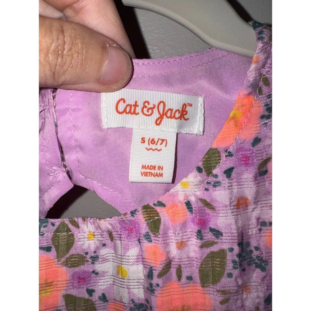 Cat & Jack Girls Floral Dress Purple Orange Puff Sleeve Open Back Size S 6/7